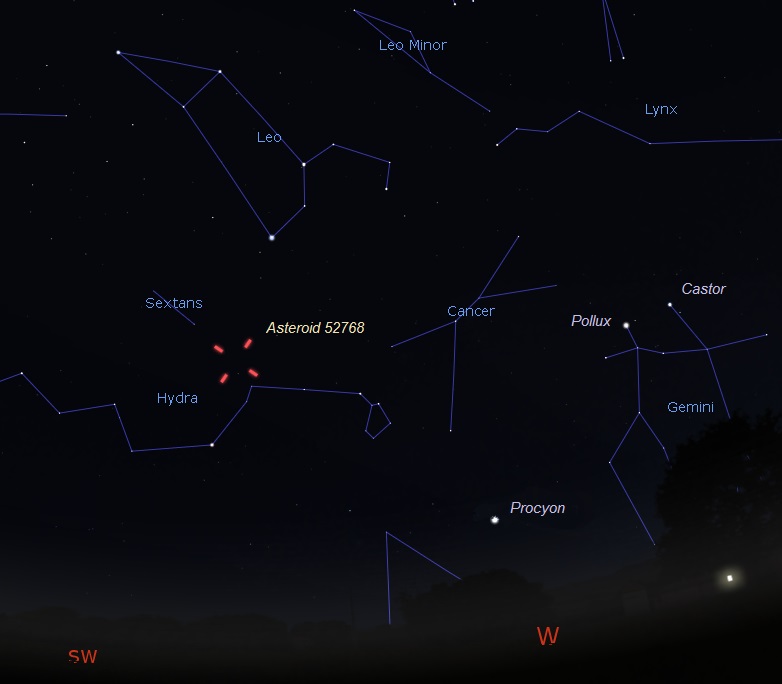 Chart with constellations and four marks around position of asteroid.