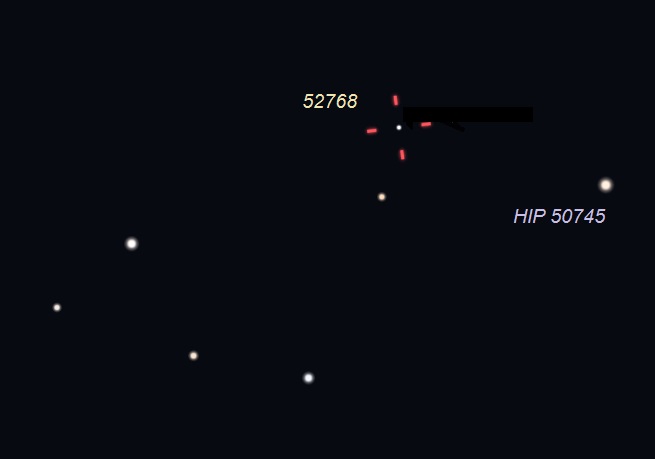 Chart with six stars, one labeled, and position of asteroid.