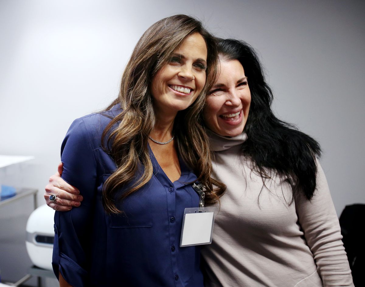 Liver recipient Laura Adams, left, and Dr. Diane Alonso, director of Intermountain Healthcare’s abdominal transplant program, hug after officials from Intermountain Healthcare and Donor Connect talked about their coordinated work to acquire a liver pump for use with transplant patients during a press conference at Donor Connect in Murray on Monday, March 2, 2020.