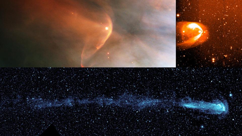 Many other stars show tails that trail behind them like a comet’s tail, supporting the idea that our solar system has one too. However, new evidence from NASA’s Cassini, Voyager and Interstellar Boundary Explorer missions suggest that the trailing end of our solar system may not be stretched out in a long tail. From top left and going counter clockwise, the stars shown are LLOrionis, BZ Cam and Mira.