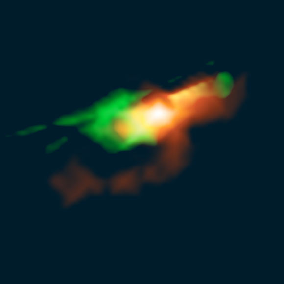 A reconstructed image of what MG J0414+0534 would look like if gravitational lensing effects were turned off. The emissions from dust and ionized gas around a quasar are shown in red. The emissions from carbon monoxide gas are shown in green, which have a bipolar structure along the jets. Image credit: ALMA / ESO / NAOJ / NRAO / Inoue et al.