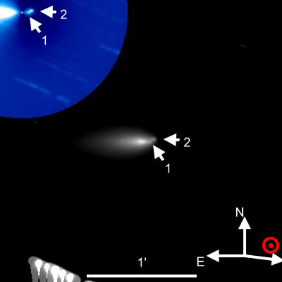 This image from the Lulin 1-m telescope shows at least two fragments of C/2019 Y4 (ATLAS). The separation distance between nucleus and 1 is about 3,400 km and that of fragments 1 and 2 is about 1,600 km. Image credit: Lin et al.