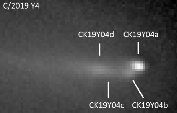 This image, taken on April 13, 2020, shows the relative position of four fragments of C/2019 Y4 (ATLAS). Image credit: P. Birtwhistle.