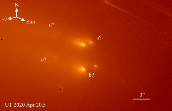 This image, taken on April 20, 2020, shows fragments of C/2019 Y4 (ATLAS). Image credit: Quanzhi Ye & Man-To Hui.