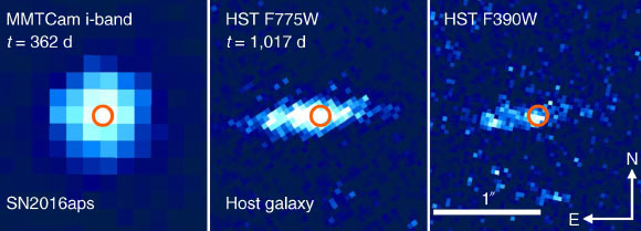 Ground-based and Hubble images of SN 2016aps and its host galaxy. Image credit: Nicholl et al / MMT Observatory / NASA / ESA / Hubble.