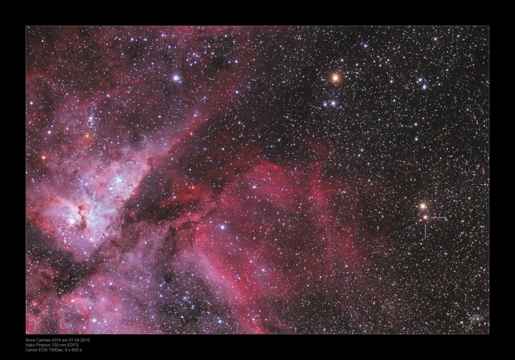  An image of the starry sky. On the right side of the picture the NOVA CARINAE 2018 can be seen. CREDIT: W. Paech and F. Hofmann, Chamaeleon and Onjala Observatory Namibia