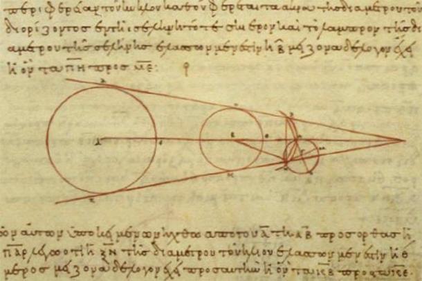 A 10th century reproduction of a diagram by Aristarchus showing some of the geometry he used in his calculations, demonstrating advancements made in ancient Greek astronomy. (Public domain)