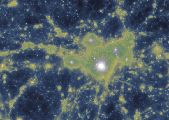 Simulation showing distribution of dark matter density overlayed with the gas density. This image cleanly shows the gas channels connecting the central galaxy with its neighbors. Image credit: Gupta et al / ASTRO 3D / IllustrisTNG Collaboration.