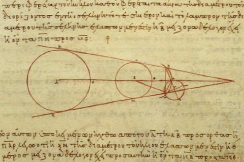 Drawing in red on parchment of 3 circles connected by angled lines, with annotations in Greek.