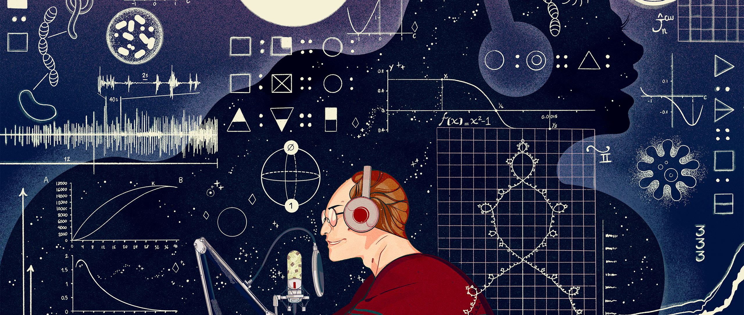 An illustration showing Steven Strogatz at a microphone, surrounded by a swirl of icons representing different subjects.