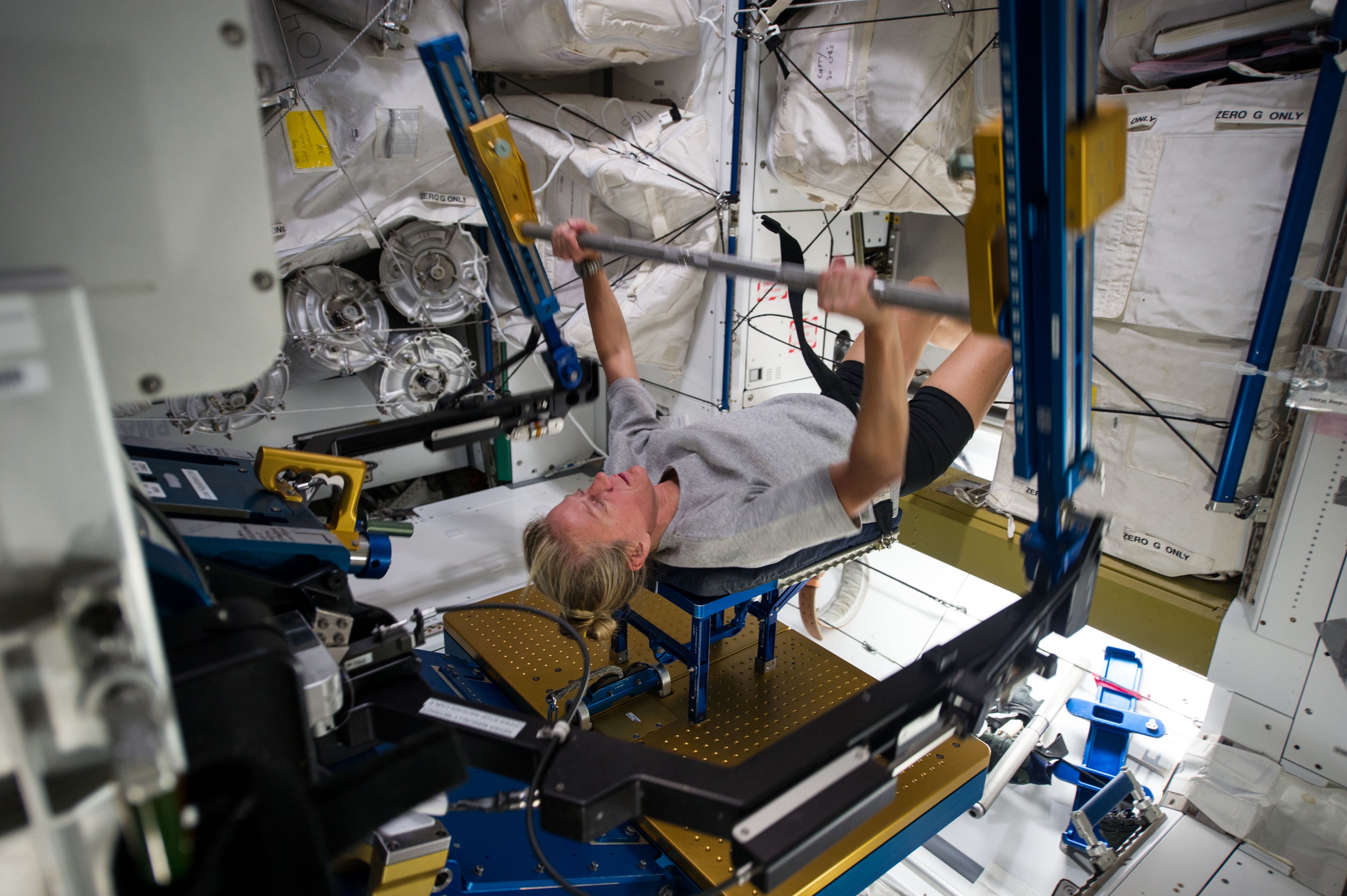 Astronaut Karen Nyberg exercises using the Advance Resistive Exercise Device to prevent bone mass loss while in space.