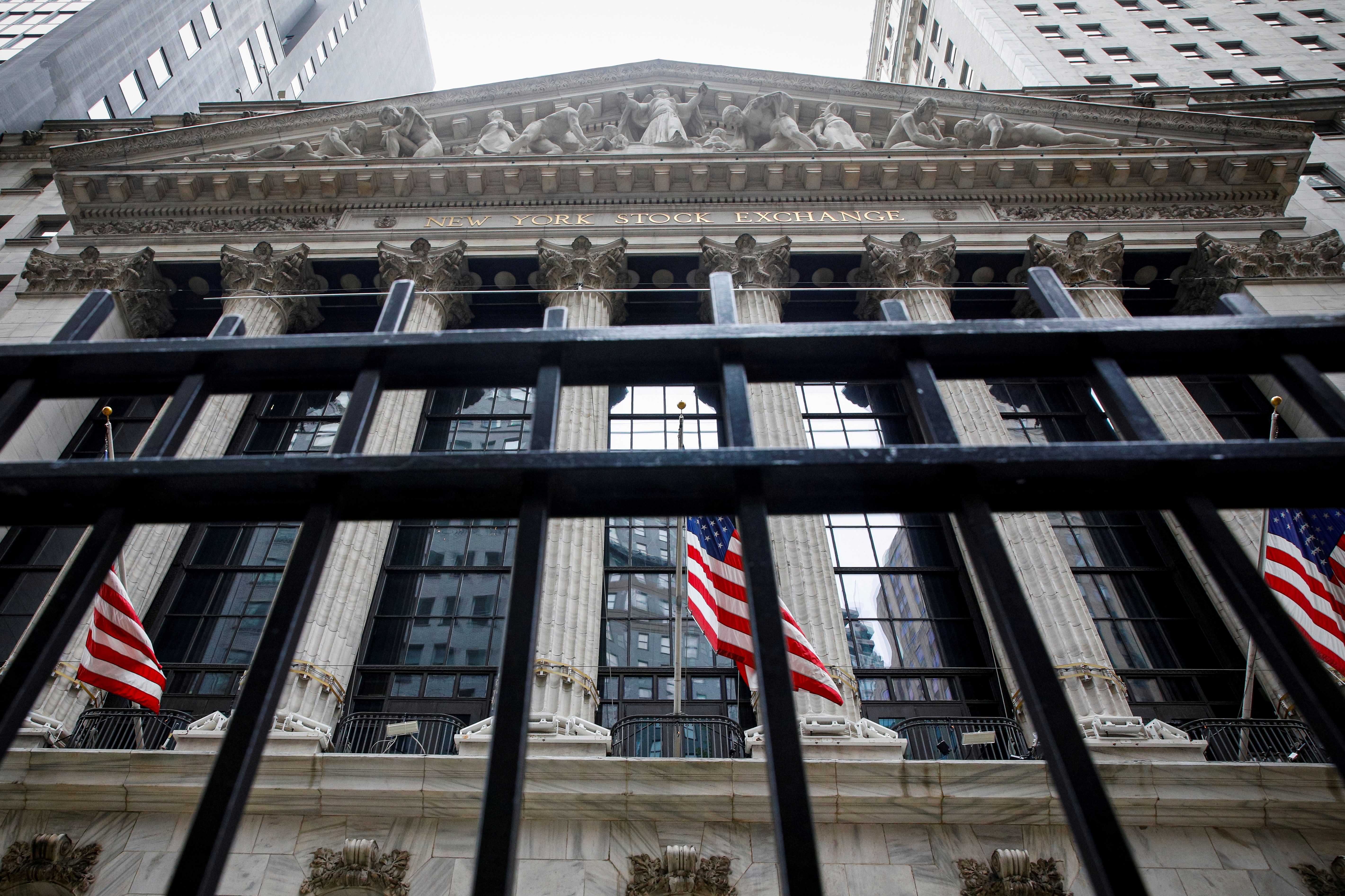 The front facade of the New York Stock Exchange (NYSE) is seen in New York City, U.S., May 4, 2021. REUTERS/Brendan McDermid/File Photo