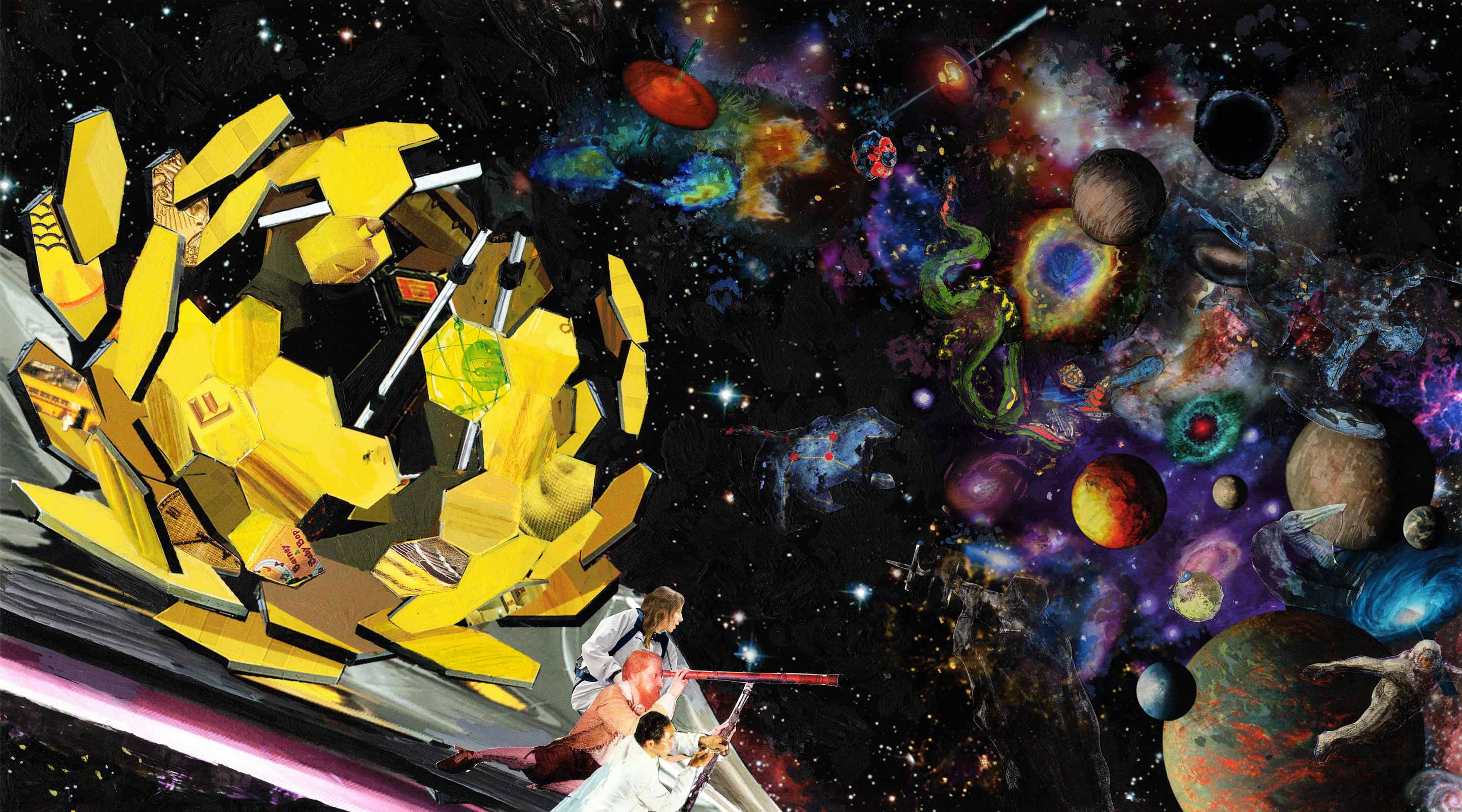 Collage illustration showing the Webb telescope as a blossoming flower surrounded by stars, galaxies, planets and constellations.