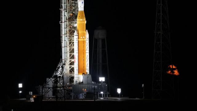 The NASA Space Launch System rocket is seen on November 15 as Artemis I teams load propellants during launch countdown at Kennedy Space Center in Florida. (Joel Kowsky/NASA)