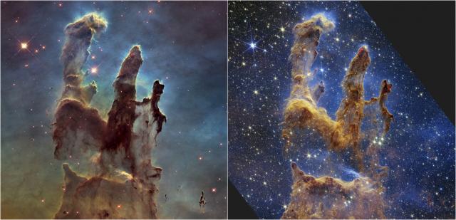 An undated photo provided by NASA shows, at left, the Pillars of Creation as revealed in visible light by the Hubble Space Telescope in 1995. At right, the new infrared view produced by the Webb telescope. (NASA via The New York Times) —NO SALES; EDITORIAL USE ONLY —