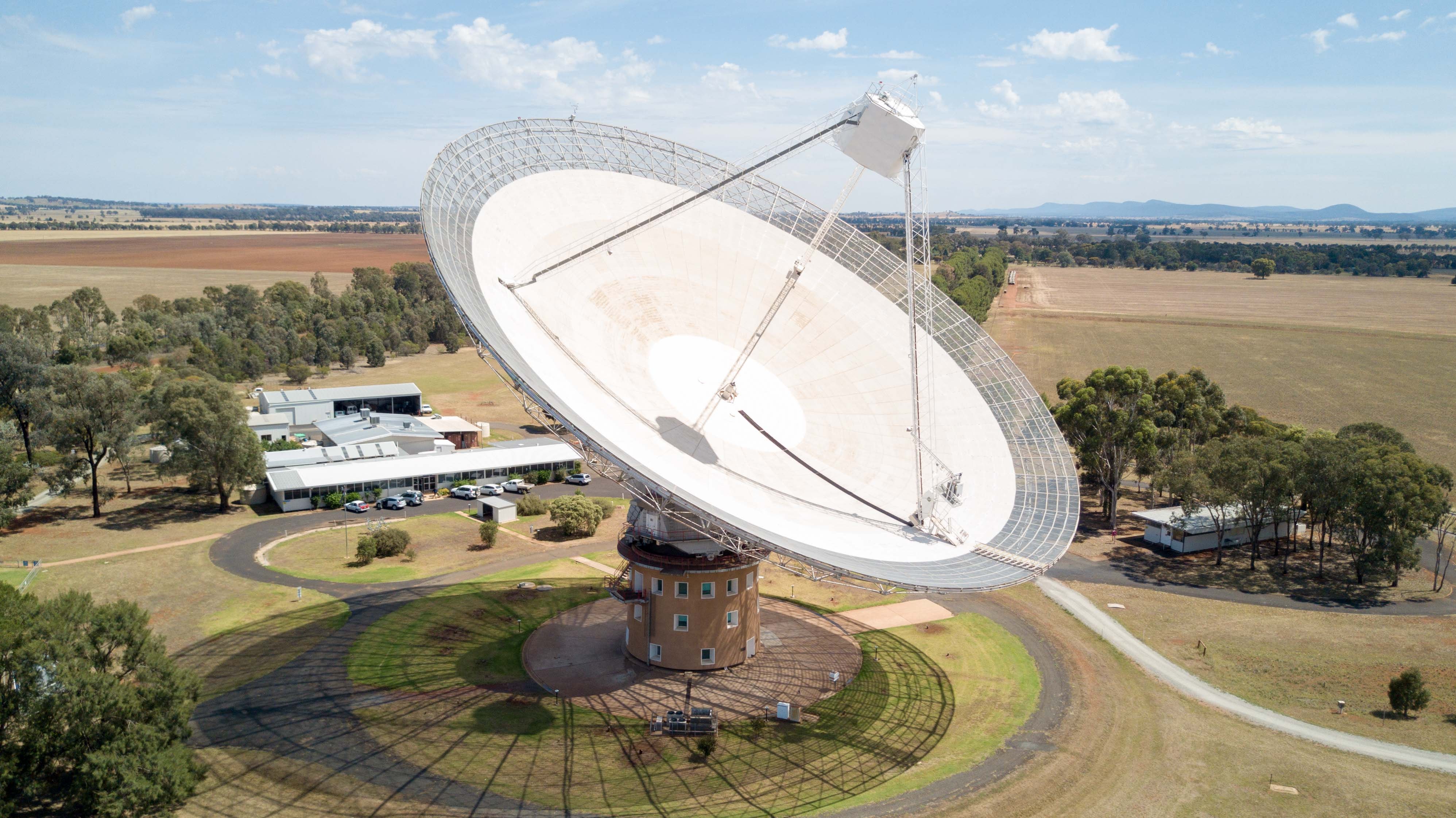 The Parkes radio telescope, Murriyang, showing the 64 telescope dish.