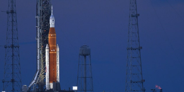 NASA's Space Launch System (SLS) rocket with the Orion spacecraft stands on launch pad 39B as final preparations are made for the Artemis I mission at the Kennedy Space Center on November 15, 2022.