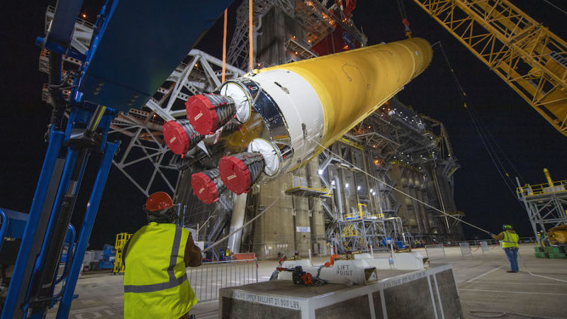 First SLS core stage installed on test stand in Mississippi – Spaceflight Now