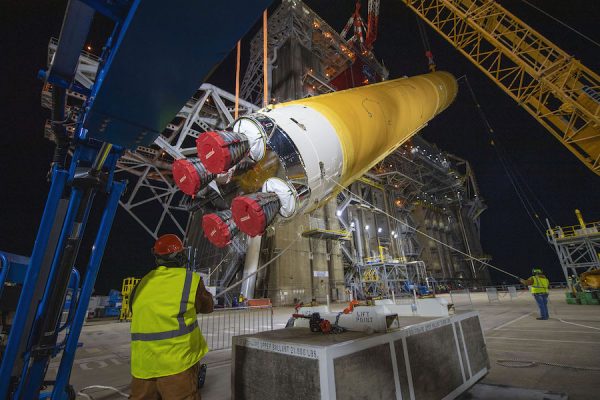 First SLS core stage installed on test stand in Mississippi – Spaceflight Now