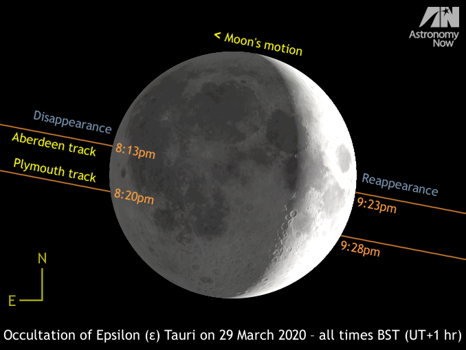 Star Epsilon (ε) Tauri plays hide and seek with the crescent Moon on 29 March – Astronomy Now Online